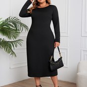 Resim Büyük Beden Günlük Elbise, Kadın Artı Katı Uzun Kollu Yuvarlak Yaka Hafif Streç Maxi Elbise 