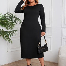 Resim Büyük Beden Günlük Elbise, Kadın Artı Katı Uzun Kollu Yuvarlak Yaka Hafif Streç Maxi Elbise 