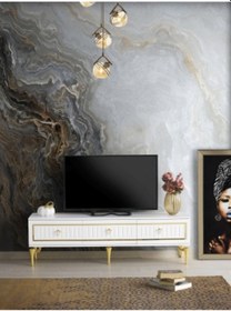 Resim 180 CM KLAS METAL AYAK-MDF MEBRAN KAPAK TV SEHPASI BEYAZ - GOLD 