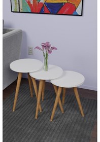 Resim 3'lü Konik Ayak Zigon Sehpa Set Yan Sehpa Oturma Odası Sehpası Beyaz 