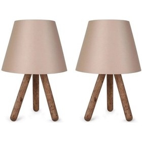 Resim Art Tasarım Ahşap Üç Ayaklı Abajur Kahve Rengi Kabartma Dokulu Başlık 2 Adet Bej 