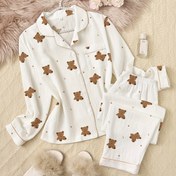 Resim Uzun Kollu ve Pantolonlu Yetişkin Rahat Baskılı Ayı Desenli Pijama Takımı, Polyester Dokuma Dört Mevsim Pijama Takımı Çift Taraflı Yaka ile - Rahat ve Konforlu 