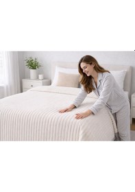 Resim 180x220 Cm Çift Kişilik Polyester Battaniye Yumuşak Dokulu, Kışlık Krem 