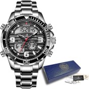 Resim Hanyang Gümüş Siyah Lıge Lüks Orijinal Erkek Spor Kol Saati Spor Kuvars Çelik Su Geçirmez Çift Ekran Saat Saatler Relogio Masculino Erkekler Için (Yurt Dışından) 