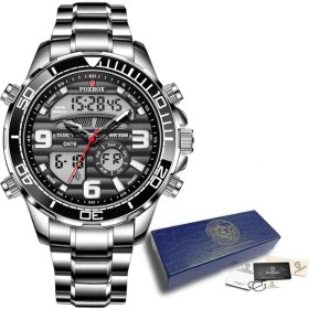 Resim Hanyang Gümüş Siyah Lıge Lüks Orijinal Erkek Spor Kol Saati Spor Kuvars Çelik Su Geçirmez Çift Ekran Saat Saatler Relogio Masculino Erkekler Için (Yurt Dışından) 