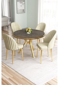 Resim Canisa Mos Serisi 90x90 Lak Panel Antrasit İroni Gold Kaplama Ayaklı Masa Takımı Ve 4 Krem Sandalye Antrasit İroni Masa Sandalye Krem Gold Detay 