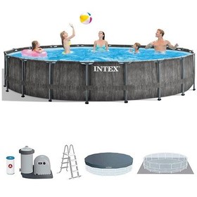 Resim İntex 26744np Greywood Yuvarlak Prefabrik Aile Havuzu 549x122cm Filtre+merdiven+örtü Set 