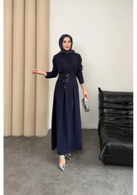Resim Mihran Butik Valeno Model Coupra Model Kumaş Kemer Detaylı Elbise Lacivert 