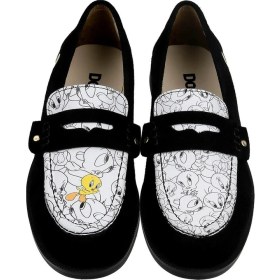 Resim Dogo Kadın Vegan Deri Siyah Loafer - Warner Bros Looney Tunes Tweety Tasarım 