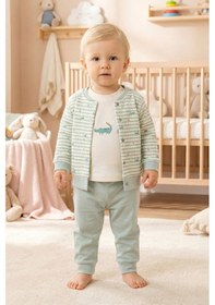 Resim Balık Desenli 3'lü 100% Pamuk Erkek Bebek Takım Set Yeşil 