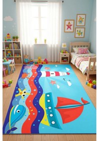 Resim Deniz Ve Sandal Çocuk Odası Halısı Mavi 