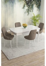 Resim Meri Serisi 80x132 Açılabilir Mdf Beyaz Masa Takımı 4 Kahve Sandalye Cappucino 