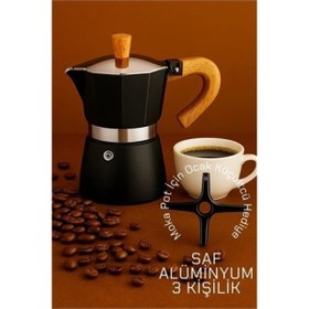 Resim shopwave Italyan Moka Pot - 6061 Saf Alüminyum Ahşap Saplı - 3 kişilik SİYAH 