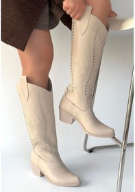 Resim Diz Altı Topuklu Çizme Bej Topuk Boyu 5,5 Cm Bej 