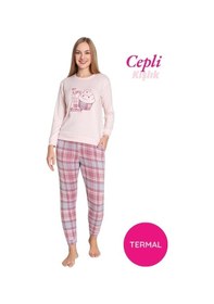 Resim Guava Kadın Bisiklet Yaka Düğmesiz Kışlık Termal Bilek Manşetli Jogger Uzun Kol Cepli Pijama Takımı Pudra 