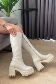 Resim Les Passent Kadın Krem Cilt 8 cm Topuklu Yandan Fermuarlı Çizme 