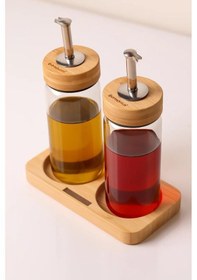 Resim Bambu Kapaklı Cam Yağlık & Sirkelik Seti 2'li Standlı 200ml Şeffaf 