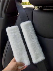 Resim merdümek 2 adet peluş beyaz emniyet kemeri kılıfı - emniyet kemeri aksesuarı - araba aksesuarı 