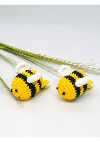Resim Arı Amigurumi 2li Kıskaç Toka, Örgü Saç Tokası, Saç Aksesuarı Sarı 