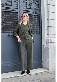Resim Kadın Süet Dokulu Kumaş Yakalı Capri Kol Cep Kapaklı Blazer Ceket-haki Haki 