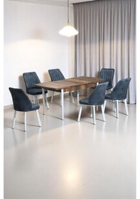 Resim Sera Ceviz 80 X 132 Açılabilen Sunta Masa Beyaz Metal Ayaklı Mutfak Masası 6 Kot Füme Sandalye Kot Füme 