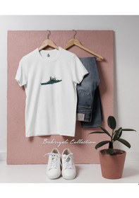 Resim Bahriyeli Collection Oversize Vektör Kruvazör Savaş Gemisi Tasarımlı Unisex T-shirt Beyaz 
