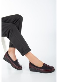 Resim Dilimler Ayakkabı Hakiki Deri Rugan Ve Dalgıç Malzeme Bordo Büyük Numara Kadın Ayakkabısı Günlük-2573-bordo Bordo 