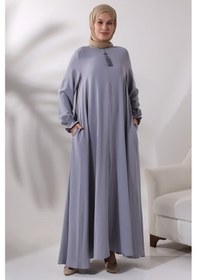 Resim Kadın Gri Kolu Lastikli Yarım Fermuarlı Tesettür Ferace Elbise 001 