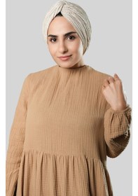 Resim Hürrem Bone Bej Çapraz Büzgülü Piliseli Tesettür Bone Fukuro Kendinden Desenli 2316 12 Bej 