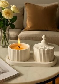 Resim Lüks Kapaklı Beton Mum Seti - Ahşap Fitilli & El Yapım 