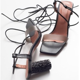 Resim Luvi Shoes Tanya Siyah Cilt Şeffaf Bantlı Bağcıklı Kadın Topuklu Sandalet Siyah Deri 