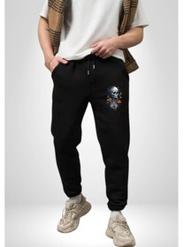 Resim Cadılar Bayramı Kuru Kafa Pamuklu 3 İplik Siyah Eşofman Altı Erkek Oversize Kesim Dijital Baskılı Siyah 