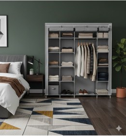 Resim Missidea Xtra Yandan Portatif Bez Dolap Metal İskeletli Askılı Raflı Kumaş Gardırop Gri Gri 