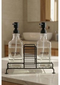 Resim Digithome 2 Li Metal Standlı Cam Sıvı Sabun Ve Losyon Şişesi Sabunluk 500 Ml Siyah D/1 C1-1-289 