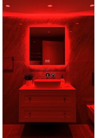 Resim Digital Hayat Buğu Çözücü Dokunmatik Dimlenebilir Kare Ayna Kırmızı Işıklı Led Dekoratif Banyo Makyaj Aynası Kırmızı 