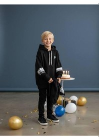 Resim Zekids Erkek Çocuk Kapüşonlu Kolları Şerit Detaylı Sweatshirt-16653 Siyah 