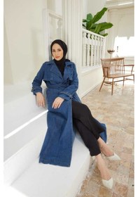 Resim Neways 6458-Battal Allerli Denim Trençkot Koyu Mavi Mavi 