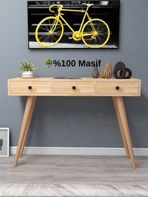 Resim WOODFACE Masif Ahşap Makyaj Masası 110x90 3 Çekmeceli Siyah Doğal Ahşap Dresuar Vestiyer Raf 