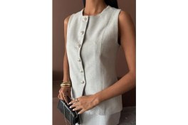 Resim Ezel Glory Uzun Yelek Mini Etek Flamlı Keten Takım 10148 