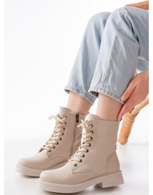 Resim 02-356 Bej Düz Topuklu Bağcıklı Fermuarlı Günlük Kadın Bot Beyaz 