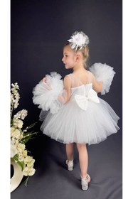 Resim Buse&Eylül Bebe Beyaz Ponpon Kollu Pullu Kız Çocuk Abiye 