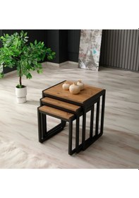 Resim Doğal Ahşap Masif Panel Üçlü Zigon Sehpa Siyah 