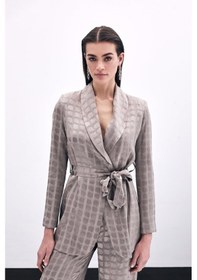 Resim Sateen Kare Desenli Kuşaklı Ceket - Vizon-135790 Vizon 