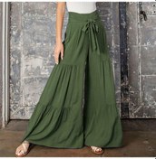 Resim Moda Gevşek Elastik Bel Pileli Uzun Pantolon Kadınlar Için Zarif Katı Şalvar Geniş Bacak Pantolon Rahat Kayış Pantaloni Donna 25921 Wow Çok Renkli 