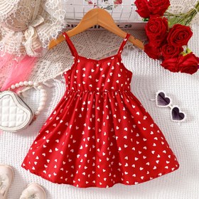 Resim 1 adet Kızlar için Kırmızı Kalp Baskılı Yazlık Elbise - Kolsuz Polyester A Kesim Mini Elbise, Fırfırlı Etek, Günlük & Makinede Yıkanabilir, Bayramlık Çocuk Giyim | Oynak Çocuk Elbisesi | Şeffaf Olmayan Kumaş 