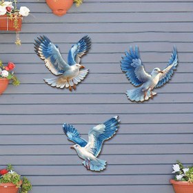 Resim 3 Parça Deniz Kuşu Duvar Dekoru Seti - Kıyı Temalı El Yapımı Duvar Süsleri - Canlı Mavi ve Beyaz Renkli Ahşap Dekor, Bahçe, Çit, Teras ve Mutfaklar İçin Harika Kuş Temalı Dekorasyon 
