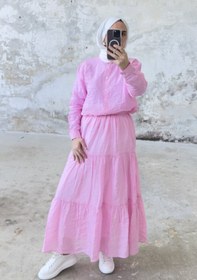 Resim Rahat Kesim Beli Lastikli Kat Kat Uzun Etek 5213 - Pembe - Pembe / L-XL 