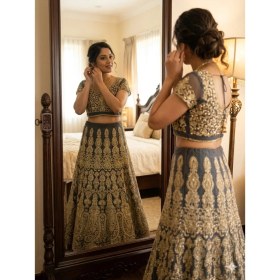 Resim Aashiv's Collection Gelinlik Hint Lehenga Choli Takımı Lacivert Işlemeli 