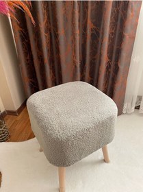 Resim Kare Kesim Ahşap Ayaklı Teddy Kumaş Dekoratif Gri Renk Puf 