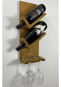 Resim Doğal Ahşap 2 Şişe 2 Kadeh Bölmeli Şaraplık, Açık Meşe 